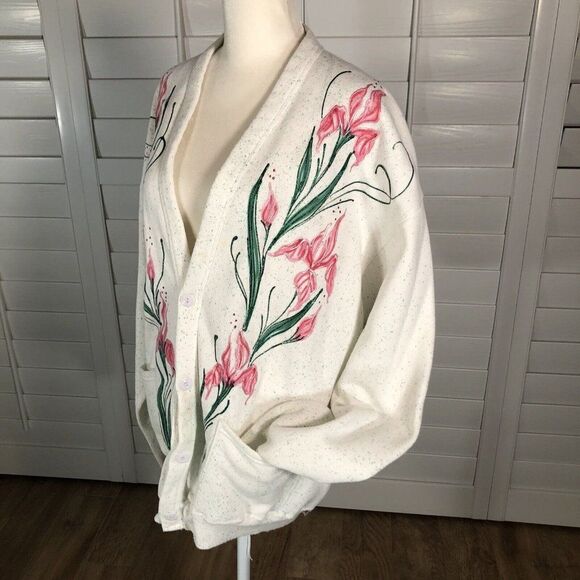 Vtg 90s Jerzees White Sweatshirt Cardigan OS Large Hand Painted Pink Floral - Picture 3 of 11